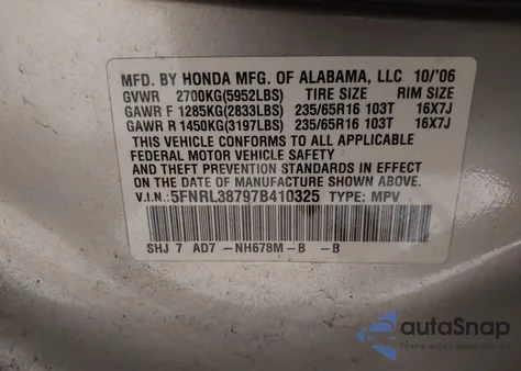 2007 Honda Odyssey Ex-L из США, поврежденный, VIN 5FNRL38797B410325